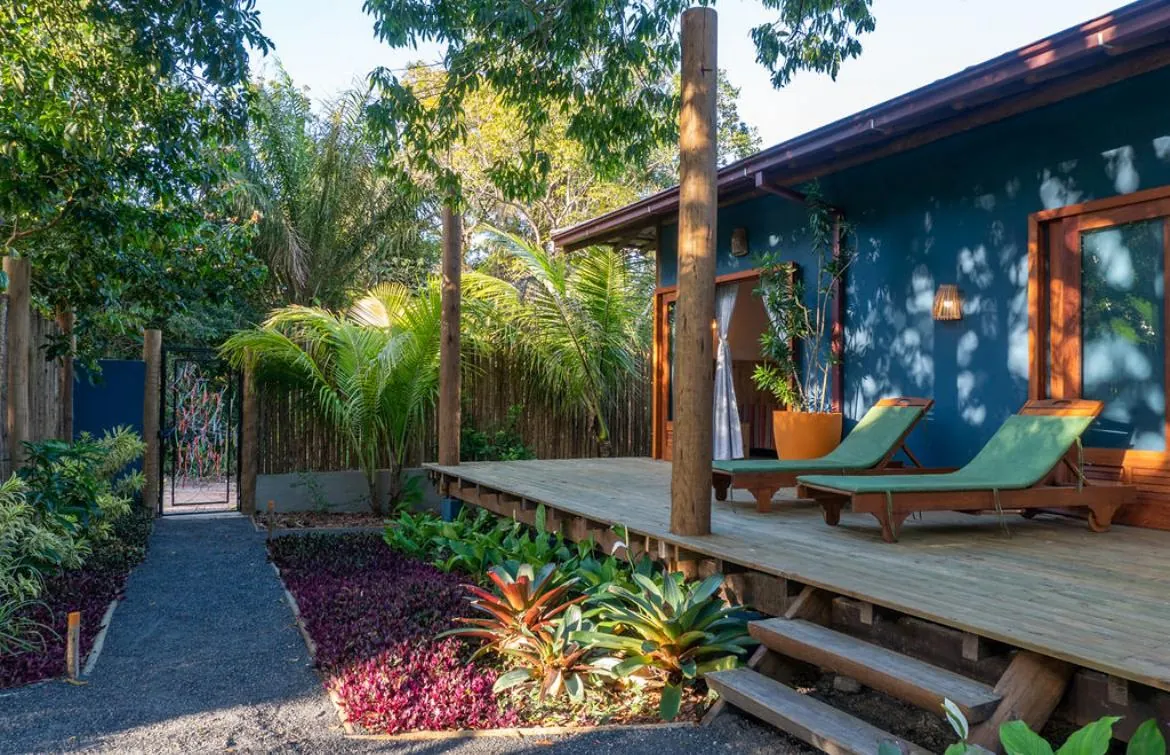 Deck de madeira cercado por jardim tropical